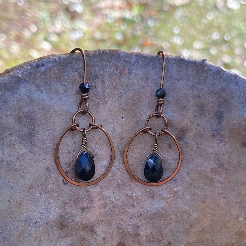 Bronze and Onyx Hoop Earrings